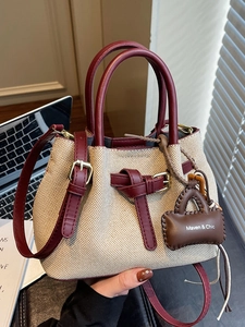 Women's Canvas Leather Patchwork Bucket Bag Contrast Stitching Urban Style Shoulder Crossbody Handbag With Charm