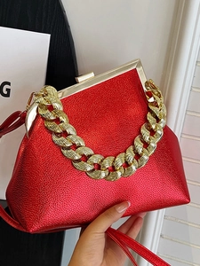 Metallic red chain handbag with textured faux leather finish and gold hardware frame