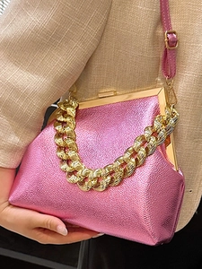 Metallic pink chain handbag with vintage frame and gold textured shoulder strap for women