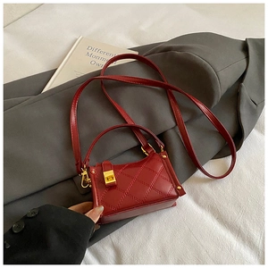 Close-up of red quilted mini handbag with gold square lock on a stylish background