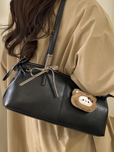 Classic black PU leather shoulder bag with plaid bow and plush bear charm for winter fashion