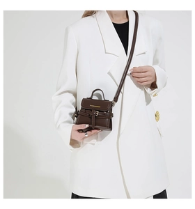 Detail of dark brown mini crossbody bag with golden fashion text and buckle strap