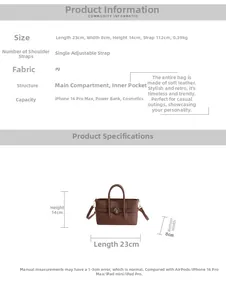 Detailed dimensions and specifications of the brown PU leather handbag in a size chart view
