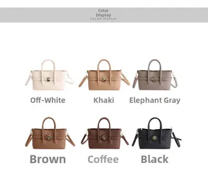 Grid view of six textured leather handbags in cream, khaki, grey, brown, coffee, and black