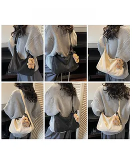 Six-grid view of black and beige ruched tote bags with cute brown plush bear pendant