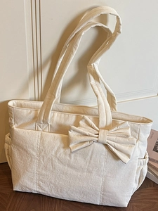 Women Sweet Bow Tote Bag Large Capacity Fabric Shoulder Bag Daily Simple Korean Style Handbag With Side Pockets Fashion Purse