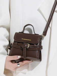 Brown mini PU leather crossbody handbag with flap closure and fashion print logo