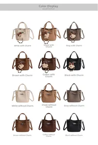 Detailed grid showing 12 mini bucket bags in 6 colors with optional pearl straps