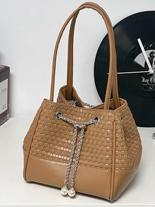 Woven PU Leather Bucket Bag For Women Fashion Artificial Pearl Decoration Silver Chain Drawstring Shoulder Bag Casual Handbag