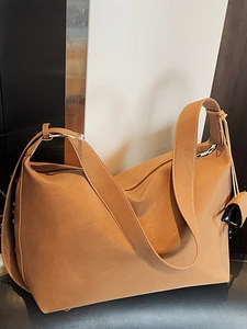 Women Korean Minimalist Large Capacity PU Leather Underarm Bag Retro Pleated Shoulder Tote Bag With Contrast Stitching