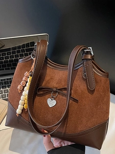 Women Retro Leopard Print Shoulder Bag Large Capacity PU Suede Tote Bag With Bow Heart Pendant Beads Handbag Fashion Bag