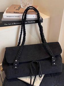 Retro black large tote bag with braided shoulder straps and matte suede texture