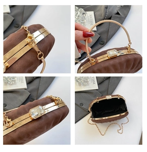 Detailed views of a brown pleated evening clutch with gemstone clasp and gold ring handle