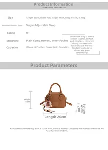 Detailed view of brown PU leather bag with size 20x7x15cm and strap length 116cm