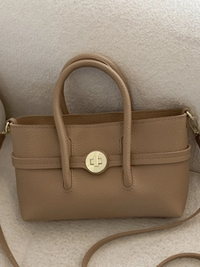 Brown litchi leather crossbody handbag with golden round lock and top handles