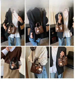 Multiple views of stylish bucket bag shown as crossbody and handbag in black and brown