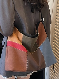 Large color-block tote bag in suede patchwork with contrast stitching and shoulder strap