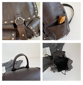Vue détaillée du sac à dos punk marron foncé avec rivets et texture en cuir