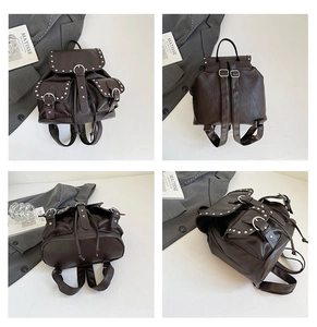 Vues multi-angles du sac à dos marron avec clous argentés et sangles réglables