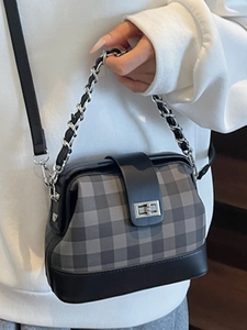 Chic retro plaid doctor bag with silver twist lock and chain strap for winter fashion