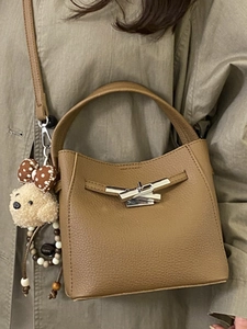 Vintage brown lychee grain leather bucket bag with rotating lock and cute dog charm