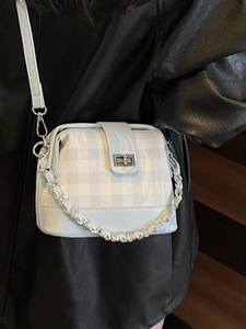 Chic blue and white checkered pattern satchel bag with metallic chain and long strap