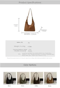 Tableau des tailles détaillé et dimensions du sac cabas vintage en similicuir en quatre couleurs