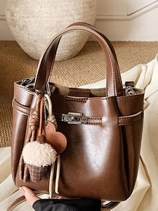 Vintage PU Leather Bucket Bag For Women Minimalist Commuter Handbag With Cute Charms Stylish Crossbody Shoulder Bag