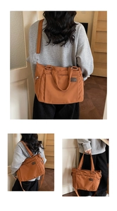Détail du grand sac cabas caramel avec poche avant zippée et bandoulière réglable pratique