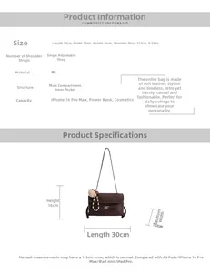 Detailed size chart showing 30x10x16cm dimensions for the brown matte crossbody bag