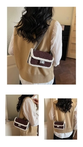 Detail view of quilted brown velvet crossbody bag with white faux fur trim and silver chain