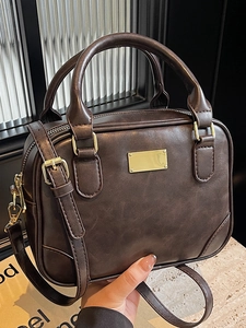 Vintage dark brown PU leather crossbody square bag with gold hardware and top handle