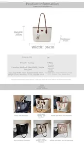 Detailed size chart and specifications for the large capacity leather tote bag with charm