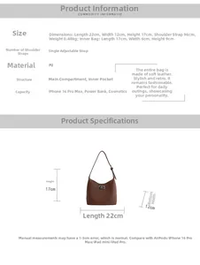 Detailed size chart showing 22cm width brown PU leather bucket bag and inner bag specs