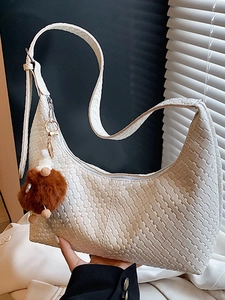 Women Woven Texture Tote Bag PU Leather Large Capacity Shoulder Bag Hobo Bag With Plush Monster Pendant Urban Casual Top Handle Bag