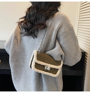 Detail view of olive green quilted handbag with white plush trim and silver chain