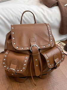 Sac à Dos Décontracté en Cuir PU pour Femmes Décoration de Rivets Vintage Mode de Banlieue Grande Capacité Sac de Jour
