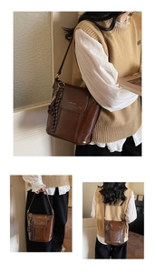 Three views of a vintage dark brown leather shoulder bag with woven knot detail and logo