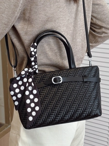 Chic black woven handbag with polka dot scarf detail and crossbody strap for women