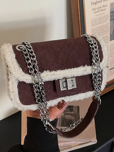 Women's Vintage Quilted PU Crossbody Bag With Elegant Artificial Wool Trim Silver Chain Strap Small Square Bag Winter Chic