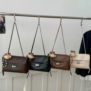 Retro matte crossbody kelly bags in brown black coffee and beige with plush bear charms