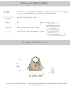 Detailed size specifications for the minimalist PU leather bucket bag with dimensions