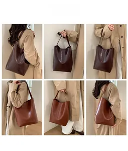 Detailed views of vintage oil wax leather bucket bag in dark brown and caramel tones
