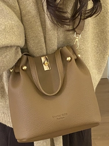 Brown leather bucket shoulder bag with gold hardware and elegant pebbled texture for women