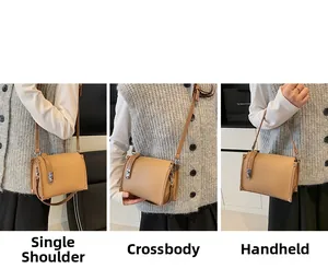Detailed views of light brown leather crossbody bag showing three different carrying styles