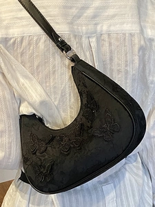 Elegant black half-moon shoulder bag with 3D butterfly lace embroidery for women