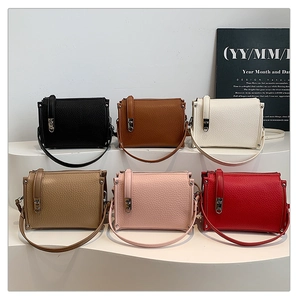 Detailed close-up of six-color mini square bags in high-quality litchi textured leather