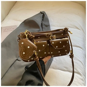 Französische Vintage Schultertasche in Braun mit Punkten und zwei Fronttaschen