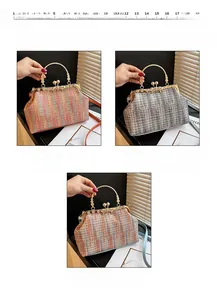 Détails des sacs à main en tweed avec poignées dorées en coloris orange, gris et bleu