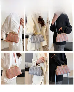 Détails montrant les façons de porter le sac en tweed avec poignée et chaîne